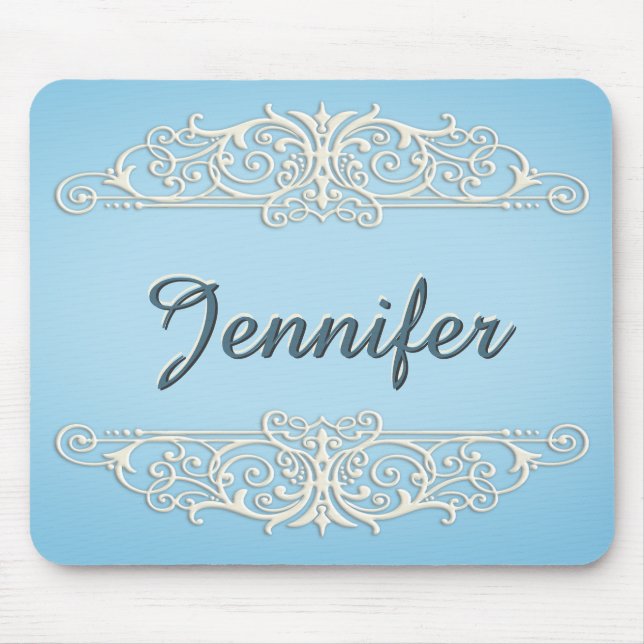 Victorian Swirls in Cream on blue Mouse Pad (Front)