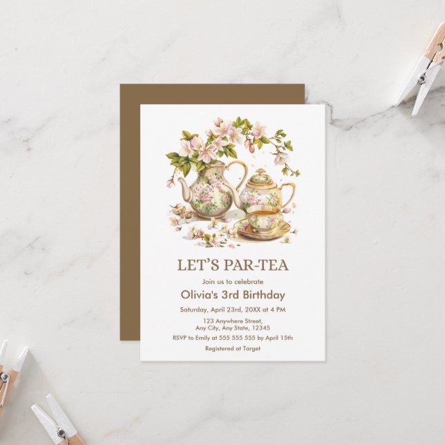 Victorian Tea Party Let's Par Tea 3rd Birthday  Invitation (Front/Back In Situ)