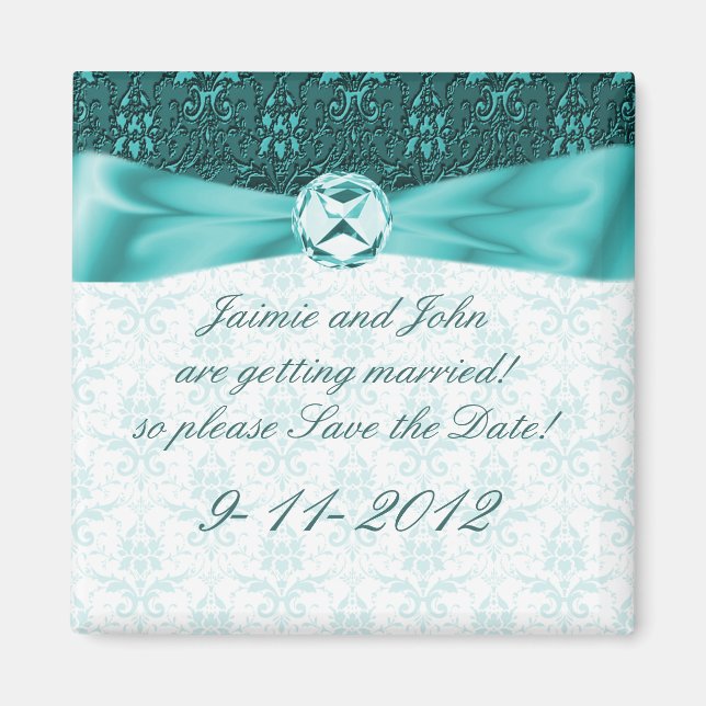 Victorian Teal Damask Save the Date Magnet (Front)