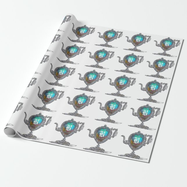 Victorian Teapot  White Monogram Wrapping Paper (Unrolled)