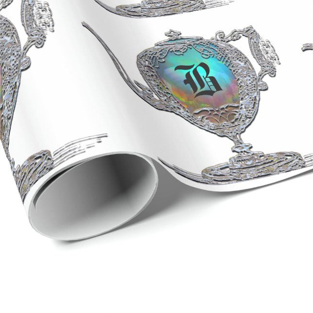 Victorian Teapot  White Monogram Wrapping Paper (Roll Corner)