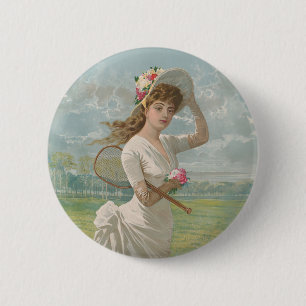Victorian Tennis Lady with Flowered Hat Antique  6 Cm Round Badge