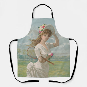 Victorian Tennis Lady with Flowered Hat Antique  Apron