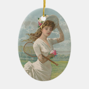 Victorian Tennis Lady with Flowered Hat Antique  Ceramic Tree Decoration