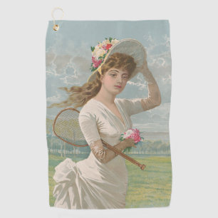 Victorian Tennis Lady with Flowered Hat Antique  Golf Towel