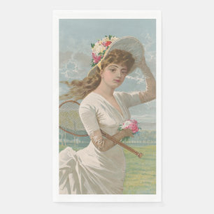 Victorian Tennis Lady with Flowered Hat Antique  Napkin