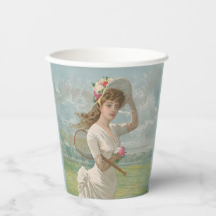 Victorian Tennis Lady with Flowered Hat Antique  Paper Cups
