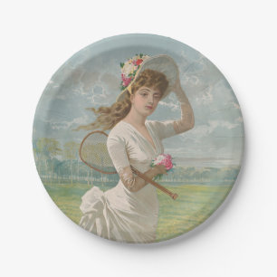 Victorian Tennis Lady with Flowered Hat Antique  Paper Plate