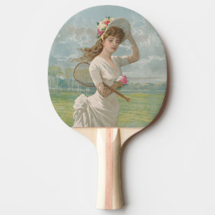 Victorian Tennis Lady with Flowered Hat Antique  Ping Pong Paddle
