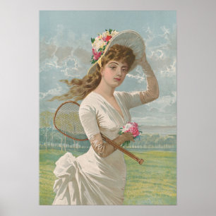 Victorian Tennis Lady with Flowered Hat Antique Poster