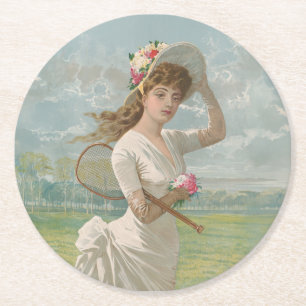 Victorian Tennis Lady with Flowered Hat Antique  Round Paper Coaster