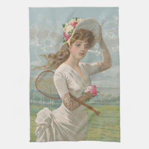 Victorian Tennis Lady with Flowered Hat Antique  Tea Towel