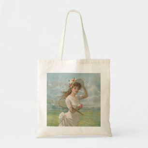 Victorian Tennis Lady with Flowered Hat Antique  Tote Bag
