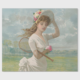 Victorian Tennis Lady with Flowered Hat Antique  Wrapping Paper
