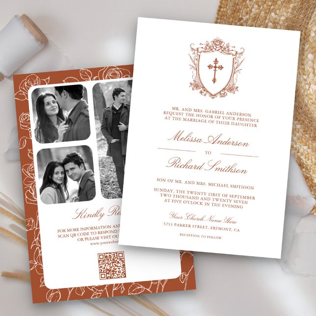 Victorian Terracotta Catholic QR Code Wedding Invitation (Creator Uploaded)