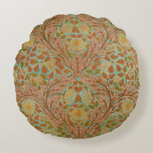Victorian Terracotta Rose and Leaf Botanical Print Round Cushion