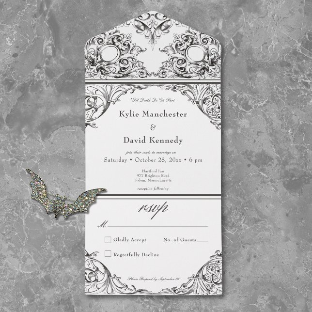 Victorian Til Death Black White Wedding No Dinner All In One Invitation (Creator Uploaded)