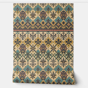 Victorian Tile Pattern in Teal, Gold, and Burgundy Wallpaper