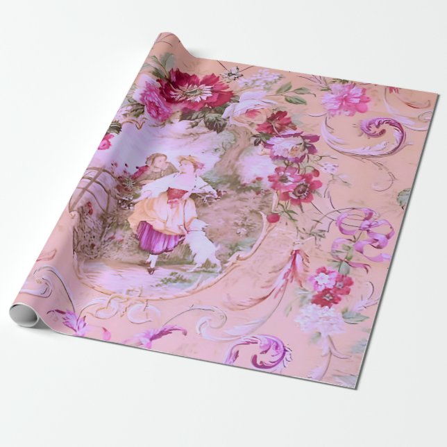 Victorian Toile Rococo Style Floral Pink Decoupage Wrapping Paper (Unrolled)