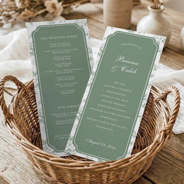 Victorian Toile Sage Green Floral Frame Wedding Programme (Double-sided sage green Victorian wedding program with French floral scalloped frame)