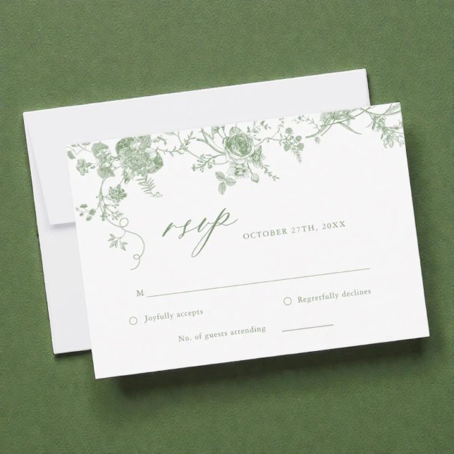 Victorian Toile Sage Green Floral Wedding RSVP Card (Creator Uploaded)