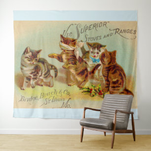 Victorian trade card kittens playing tapestry