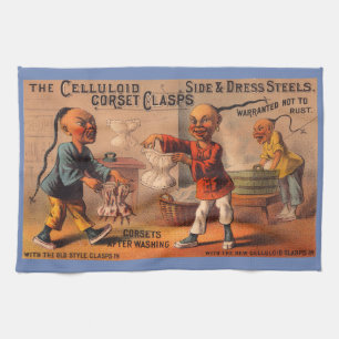 Victorian tradecard celluloid corset clasps tea towel