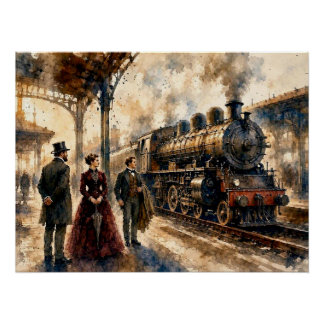 Victorian Train Station Scene, Poster