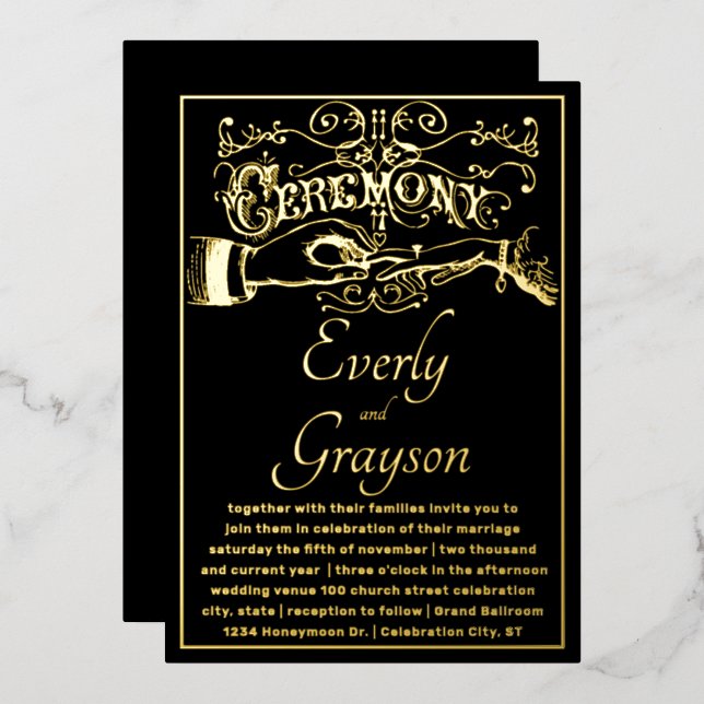 Victorian Typography Elegant Black Gold Wedding    (Front/Back)
