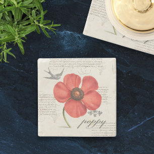 🍷 Victorian Typography + Vintage Red Poppy  Stone Coaster