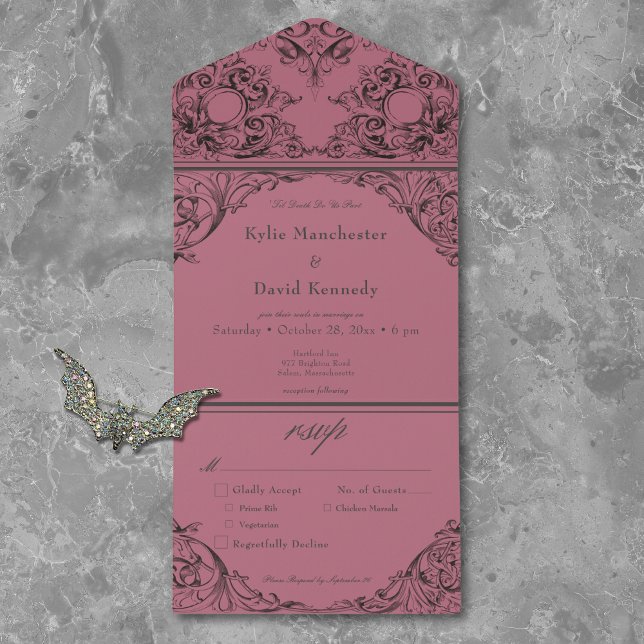 Victorian Until Death Black & Wine Wedding Dinner All In One Invitation (Creator Uploaded)
