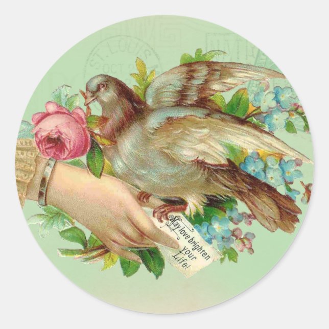 Victorian Valentine Bird and rose Classic Round Sticker (Front)