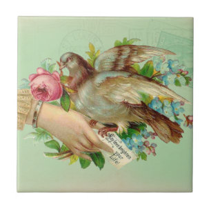 Victorian Valentine Bird and rose Tile