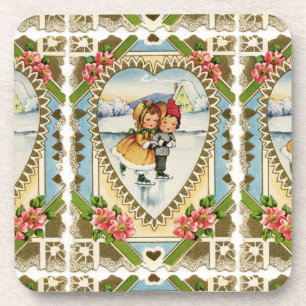 Victorian Valentine with Girl and Boy Skating Coaster