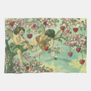 Victorian Valentines Day Cupids Vintage Heart Tree Tea Towel