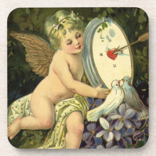 Victorian Valentines Day, Vintage Angel Love birds Coaster