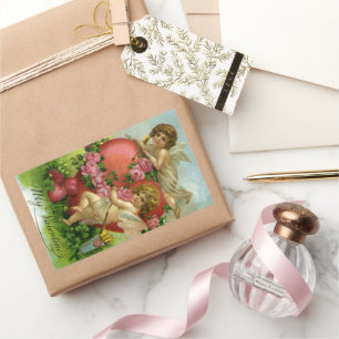 Victorian Valentines Day Vintage Angels Heart Rose Rectangular Sticker