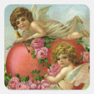 Victorian Valentines Day Vintage Angels Heart Rose Square Sticker