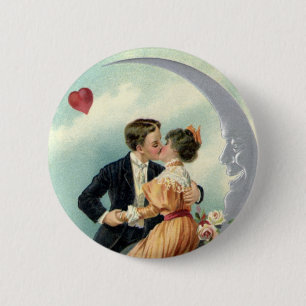 Victorian Valentine's Day Vintage Kiss on the Moon 6 Cm Round Badge
