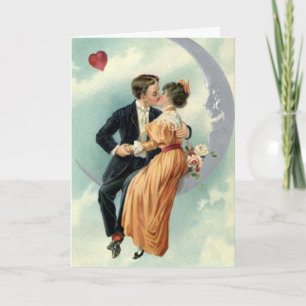 Victorian Valentine's Day Vintage Kiss on the Moon Holiday Card