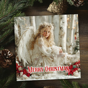 Victorian vintage angel red poinsettias holiday   card