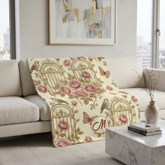 Victorian Vintage Art Floral Garden Birds Monogram Sherpa Blanket