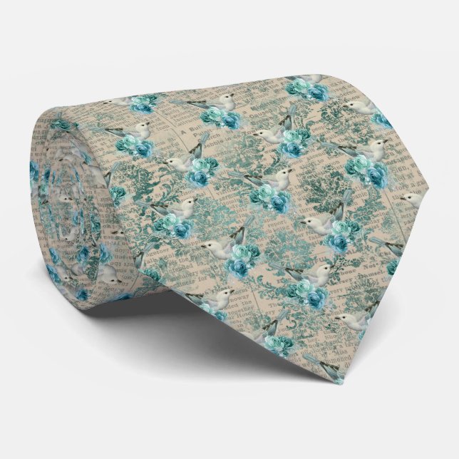 Victorian Vintage Blue Birds Neck Tie (Rolled)