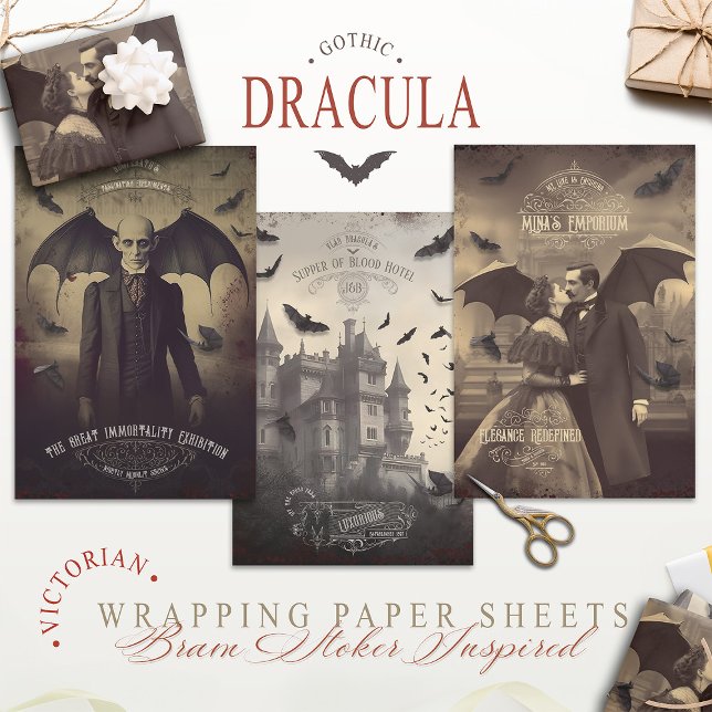 Victorian Vintage Dracula Inspired Wrapping Paper Sheet (Three Bram Stoker inspired papers, perfect for Gothic gift wrapping, Ideal for Gothmas or Halloween.)
