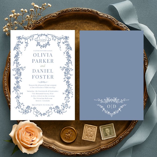 Victorian Vintage Dusty Blue Wedding Monogram Invitation (Creator Uploaded)