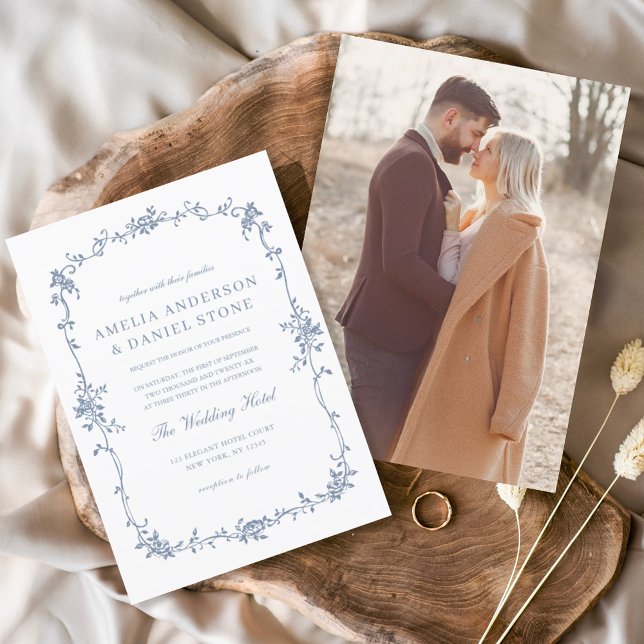 Victorian Vintage French Photo Blue Wedding Invitation (Creator Uploaded)