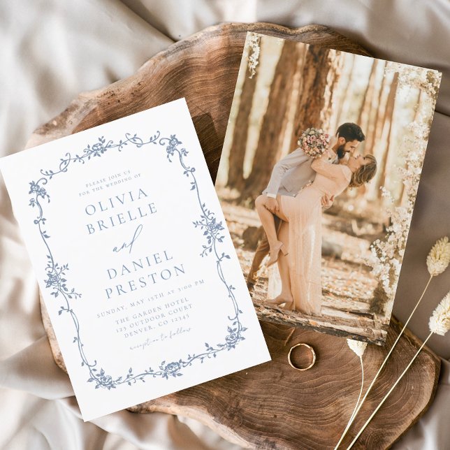 Victorian Vintage French Photo Blue Wedding Invitation (Creator Uploaded)