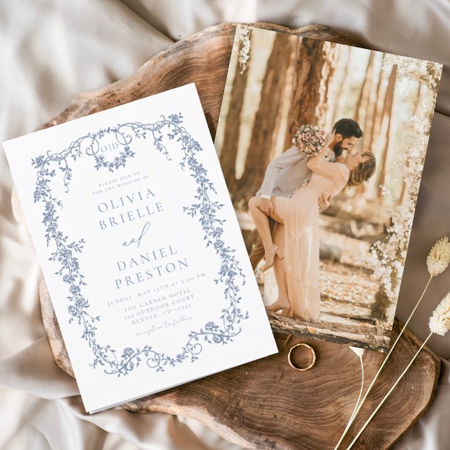 Victorian Vintage French Photo Blue Wedding Invitation (Creator Uploaded)
