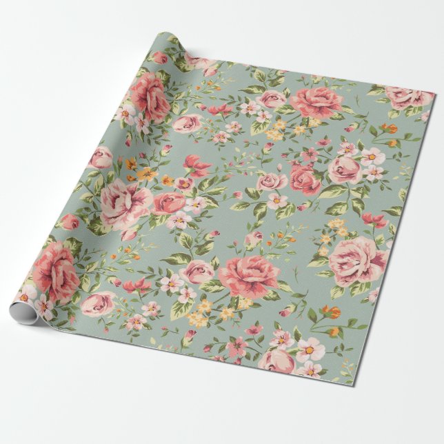 Victorian Vintage Garden Floral Pattern Wrapping Paper (Unrolled)