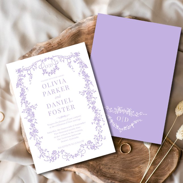 Victorian Vintage Lilac Purple Wedding Monogram Invitation (Creator Uploaded)